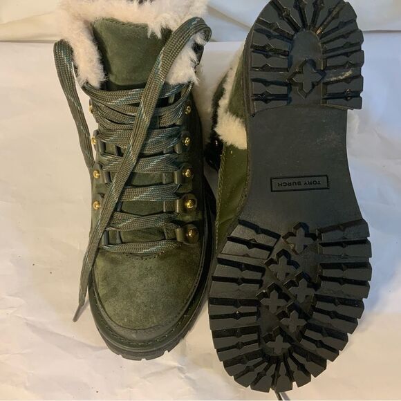 Tory Burch Boxwood Green Suede Cooper Shearling Bootie 5M - Picture 10 of 15